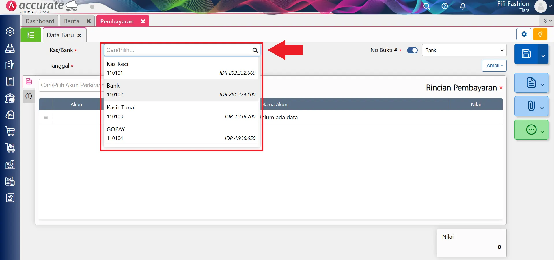 Mengubah departemen/proyek pada akun kosong